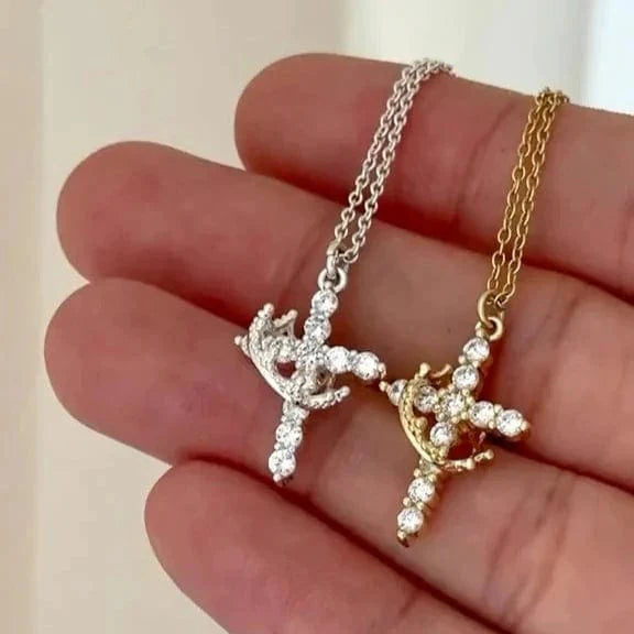 Colar Cruz e Coroa Feito à Mão + BRINDE Saco de Veludo Cristã para Presente
